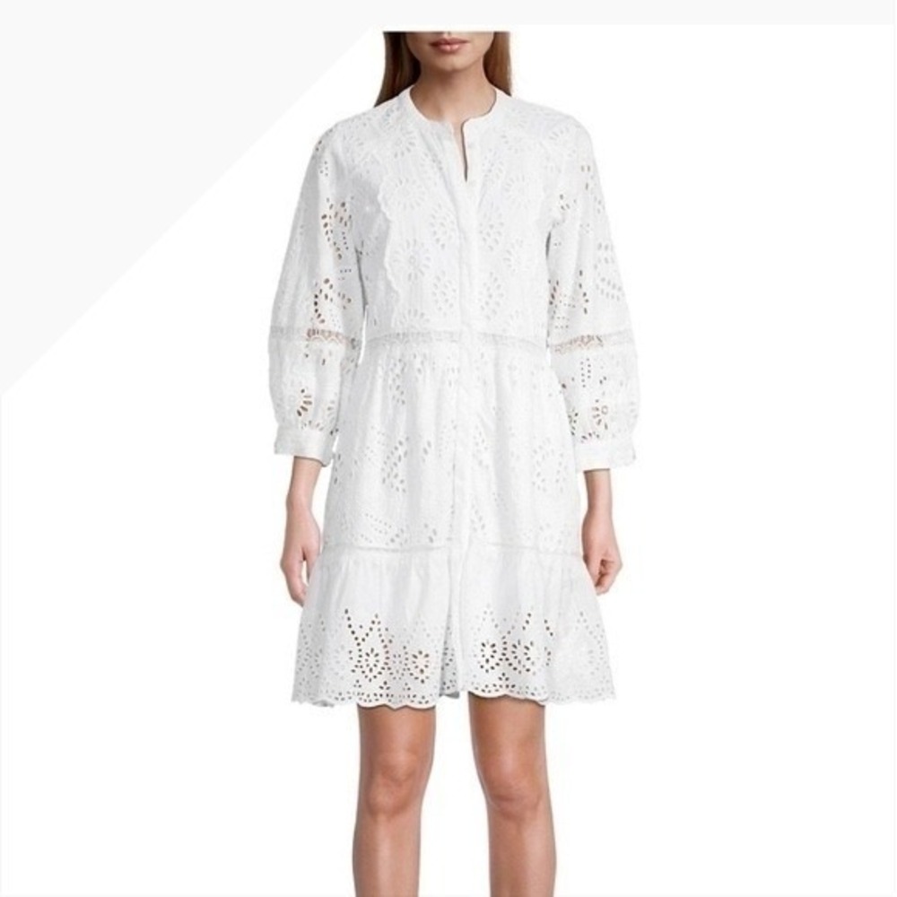Kobi Halperin White Eyelet Lace Dress Long Sleeve Tiered Mini Boho Size xs